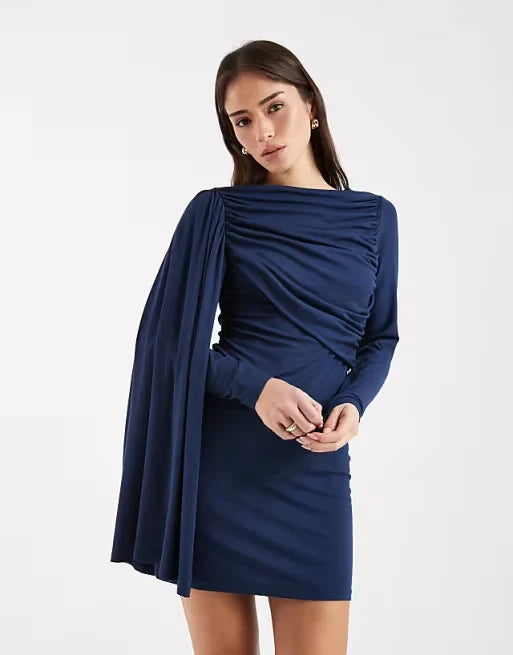 Chic Draped Satin Sheath Boat Neck One Shoulder Cape Long Sleeve V-Neck Back Mini Homecoming Dresses