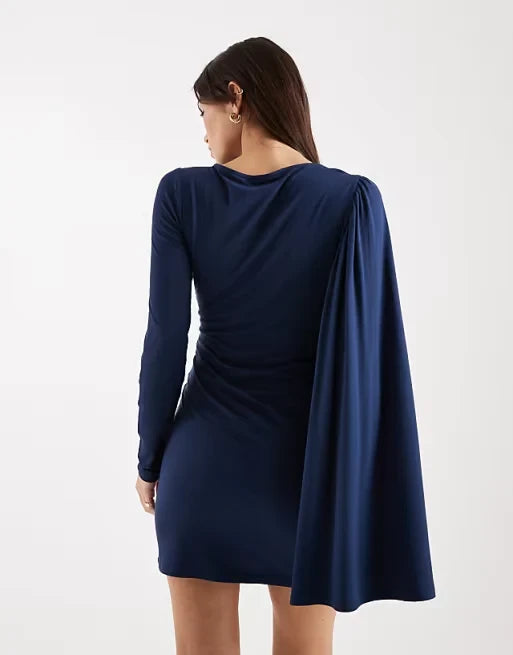 Chic Draped Satin Sheath Boat Neck One Shoulder Cape Long Sleeve V-Neck Back Mini Homecoming Dresses