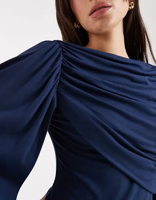Chic Draped Satin Sheath Boat Neck One Shoulder Cape Long Sleeve V-Neck Back Mini Homecoming Dresses