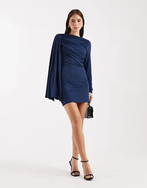Chic Draped Satin Sheath Boat Neck One Shoulder Cape Long Sleeve V-Neck Back Mini Homecoming Dresses