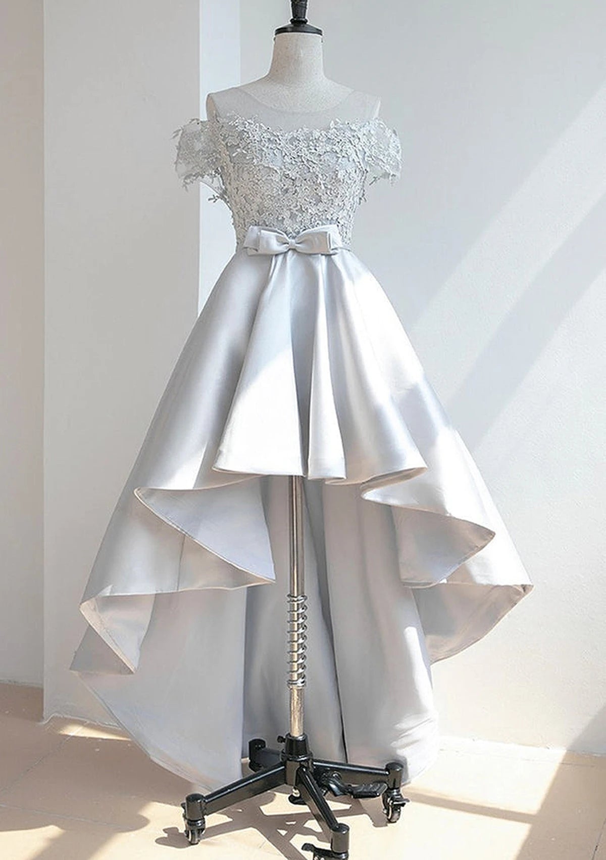 Chic Lace & Satin A-Line Illusion Off-Shoulder Cap Sleeves Lace-Up Back High-Low Homecoming Dresses