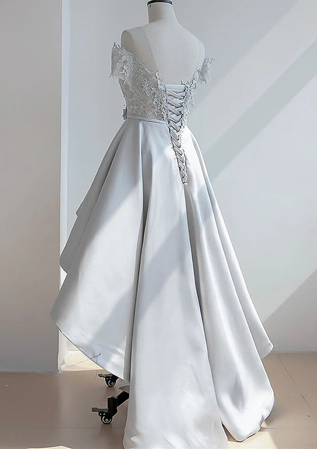 Chic Lace & Satin A-Line Illusion Off-Shoulder Cap Sleeves Lace-Up Back High-Low Homecoming Dresses