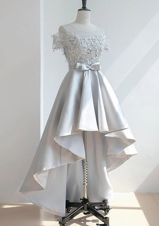 Chic Lace & Satin A-Line Illusion Off-Shoulder Cap Sleeves Lace-Up Back High-Low Homecoming Dresses