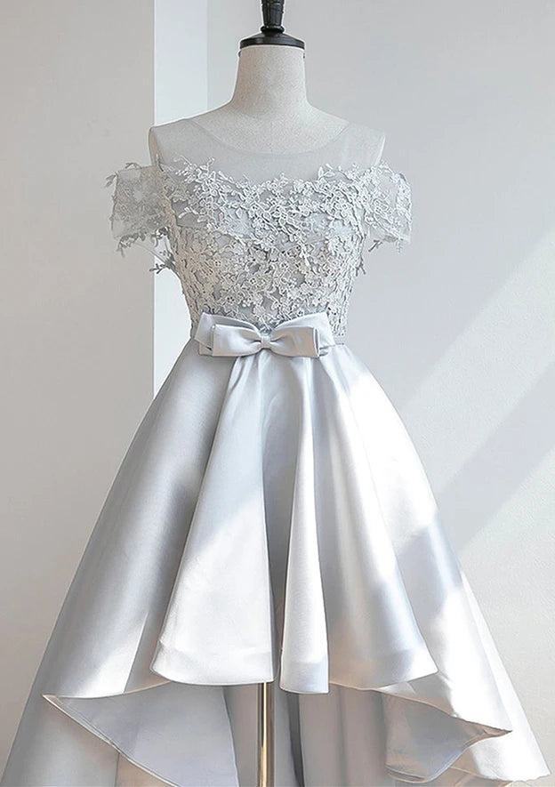 Chic Lace & Satin A-Line Illusion Off-Shoulder Cap Sleeves Lace-Up Back High-Low Homecoming Dresses