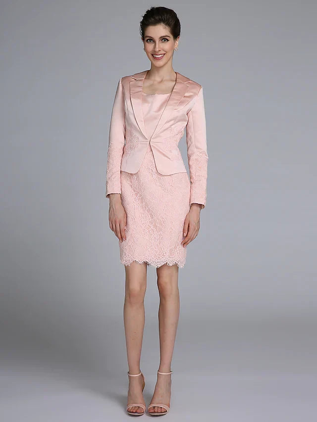 Chic Lace & Satin Two Piece Sheath Square Neck Long Sleeve Jacket Knee-Length Mother of the Bride Dresses