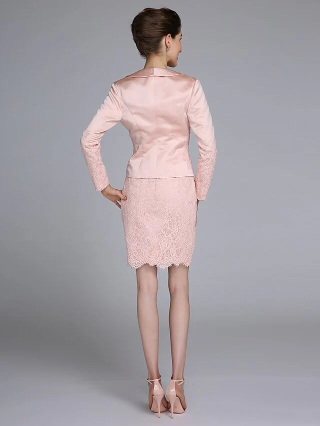 Chic Lace & Satin Two Piece Sheath Square Neck Long Sleeve Jacket Knee-Length Mother of the Bride Dresses