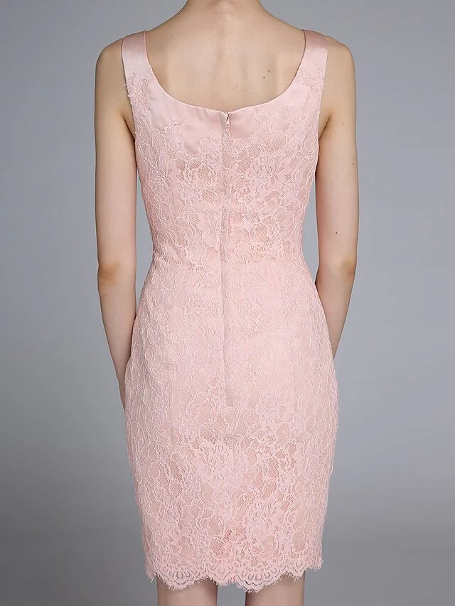 Chic Lace & Satin Two Piece Sheath Square Neck Long Sleeve Jacket Knee-Length Mother of the Bride Dresses