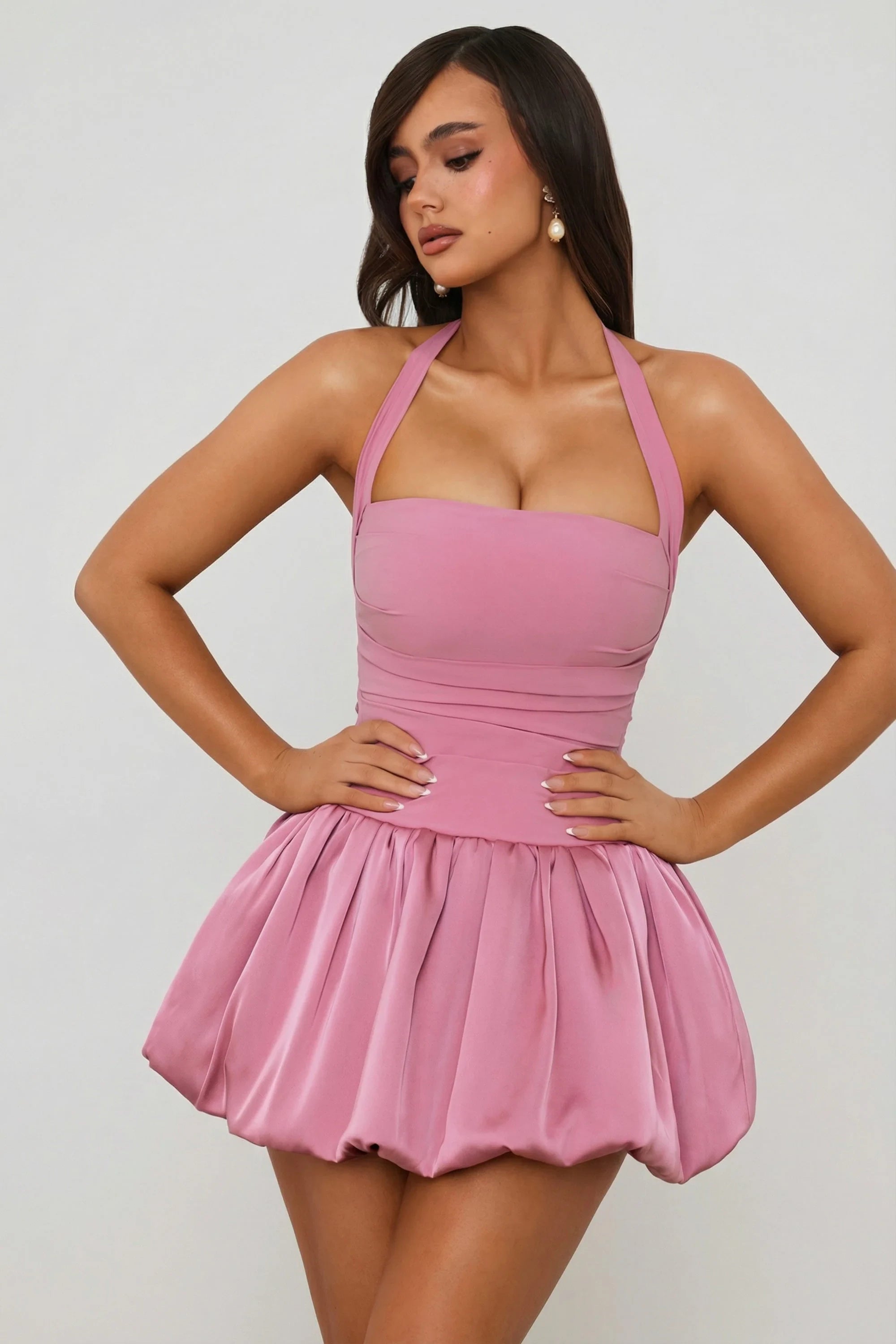 Chic Satin A-Line Halter Neck Sleeveless Lace-Up Back Mini Homecoming Dresses