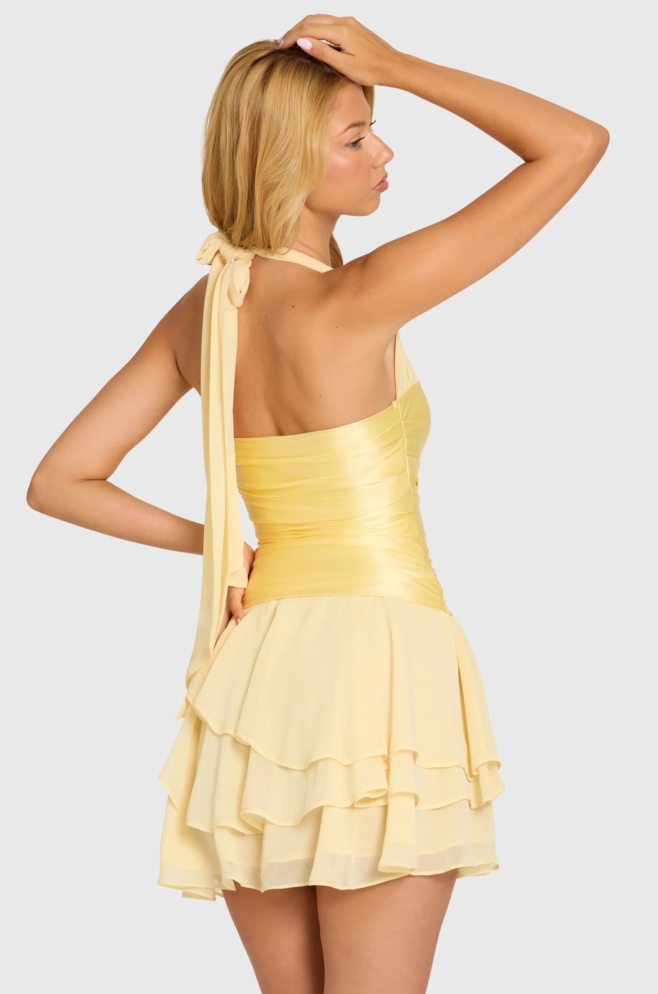 Chic Satin A-Line Halter Sleeveless Tie-Back Ruffled Mini Homecoming Party Dresses