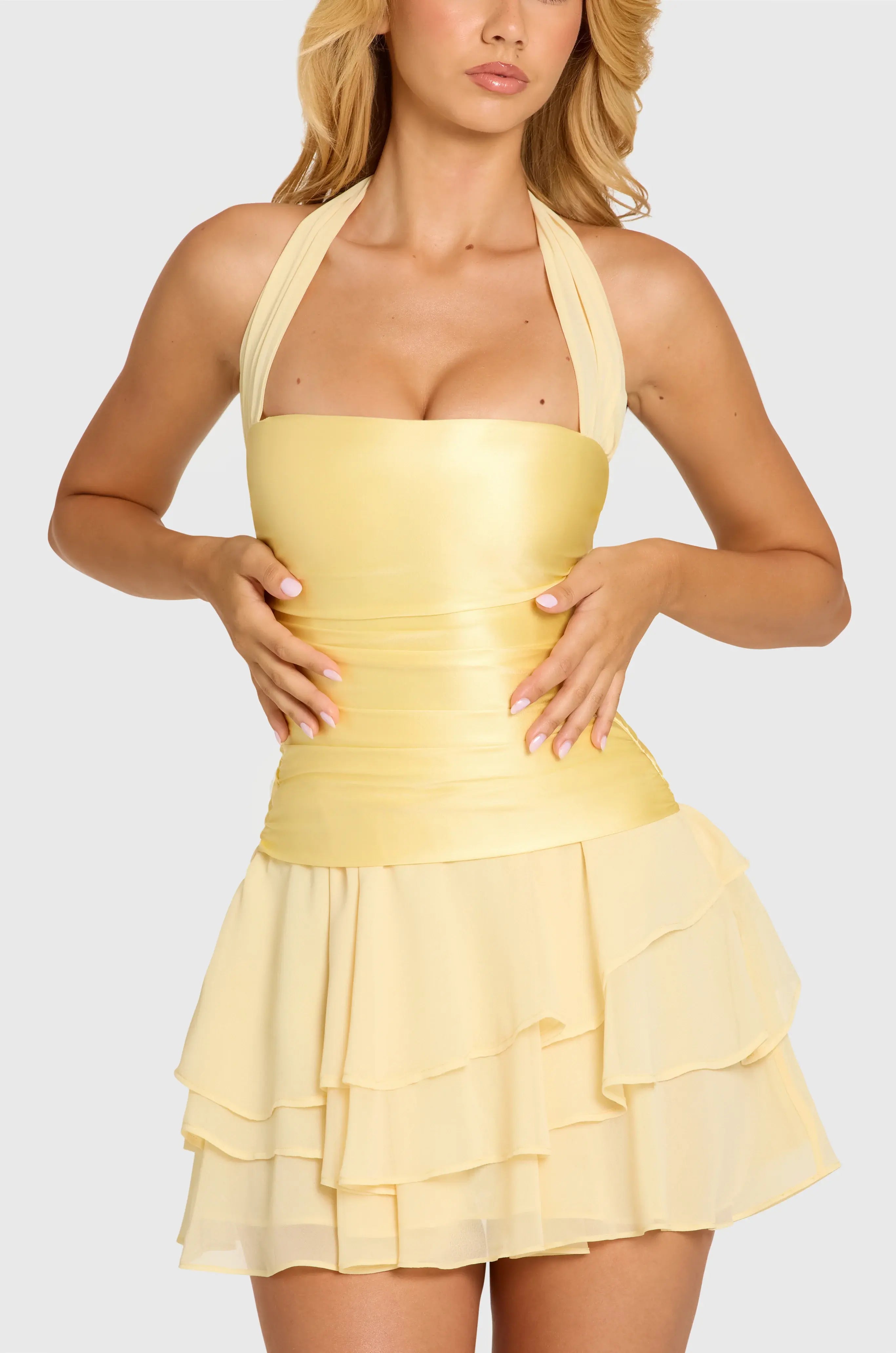 Chic Satin A-Line Halter Sleeveless Tie-Back Ruffled Mini Homecoming Party Dresses