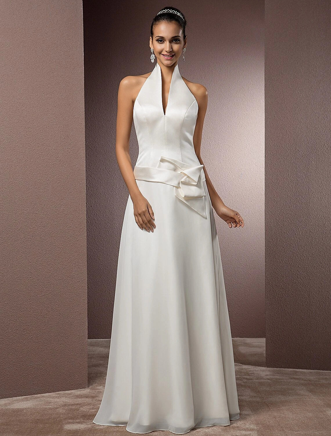 Chic Satin A-Line Halter V-Neck Sleeveless Halter Back Floor-Length Wedding Dresses