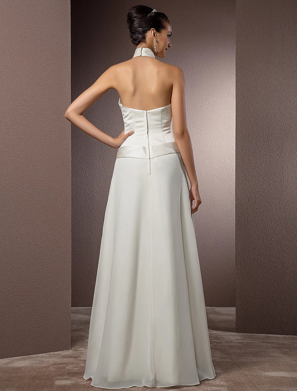 Chic Satin A-Line Halter V-Neck Sleeveless Halter Back Floor-Length Wedding Dresses