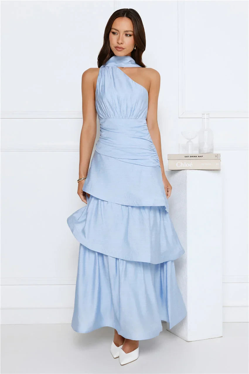 Chic Satin A-Line One-Shoulder Halter Neck Sleeveless Open Back Maxi Evening Dresses