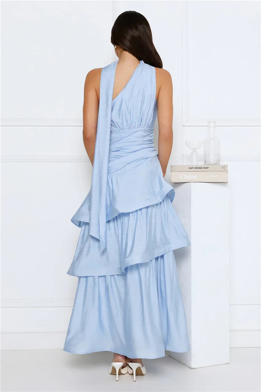 Chic Satin A-Line One-Shoulder Halter Neck Sleeveless Open Back Maxi Evening Dresses