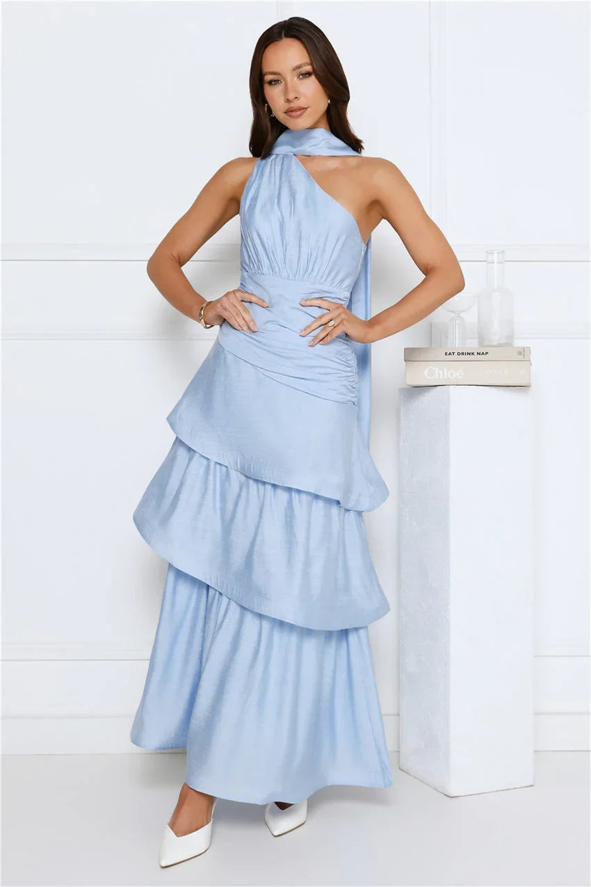 Chic Satin A-Line One-Shoulder Halter Neck Sleeveless Open Back Maxi Evening Dresses