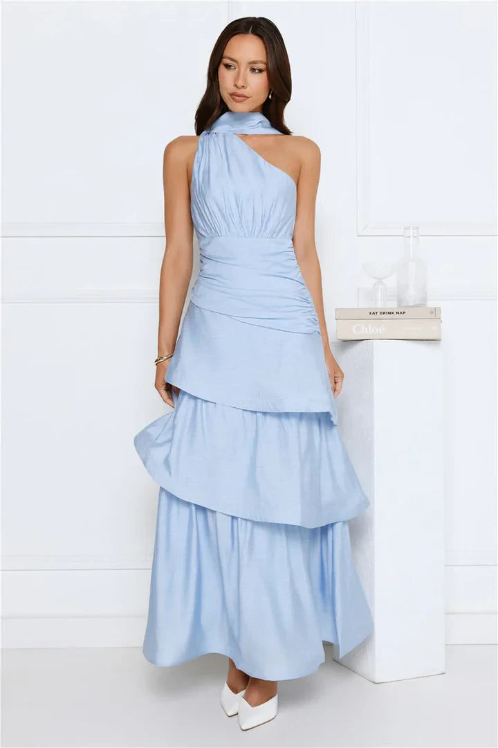 Chic Satin A-Line One-Shoulder Halter Neck Sleeveless Open Back Maxi Evening Dresses