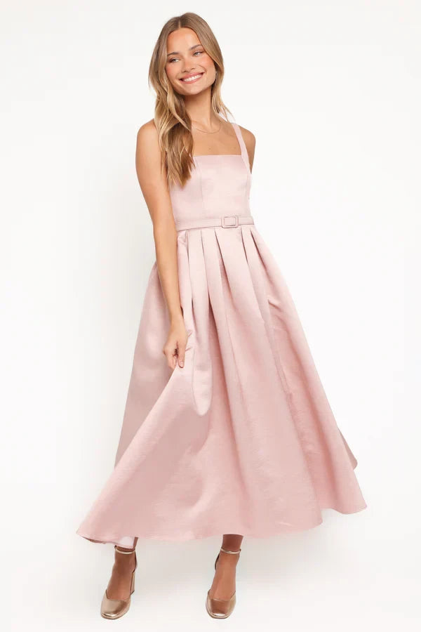 Chic Satin A-Line Square Neck Sleeveless Smocked Back Midi Evening Dresses