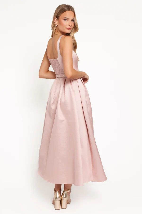 Chic Satin A-Line Square Neck Sleeveless Smocked Back Midi Evening Dresses