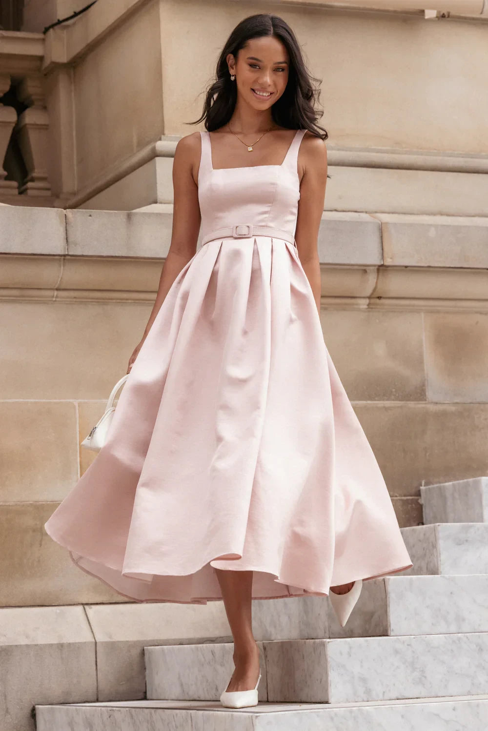 Chic Satin A-Line Square Neck Sleeveless Smocked Back Midi Evening Dresses