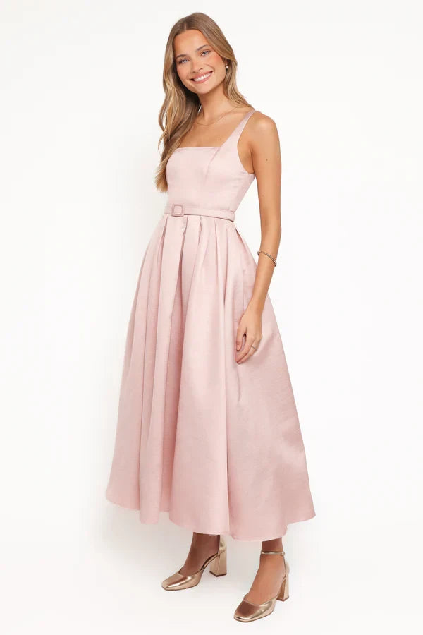Chic Satin A-Line Square Neck Sleeveless Smocked Back Midi Evening Dresses