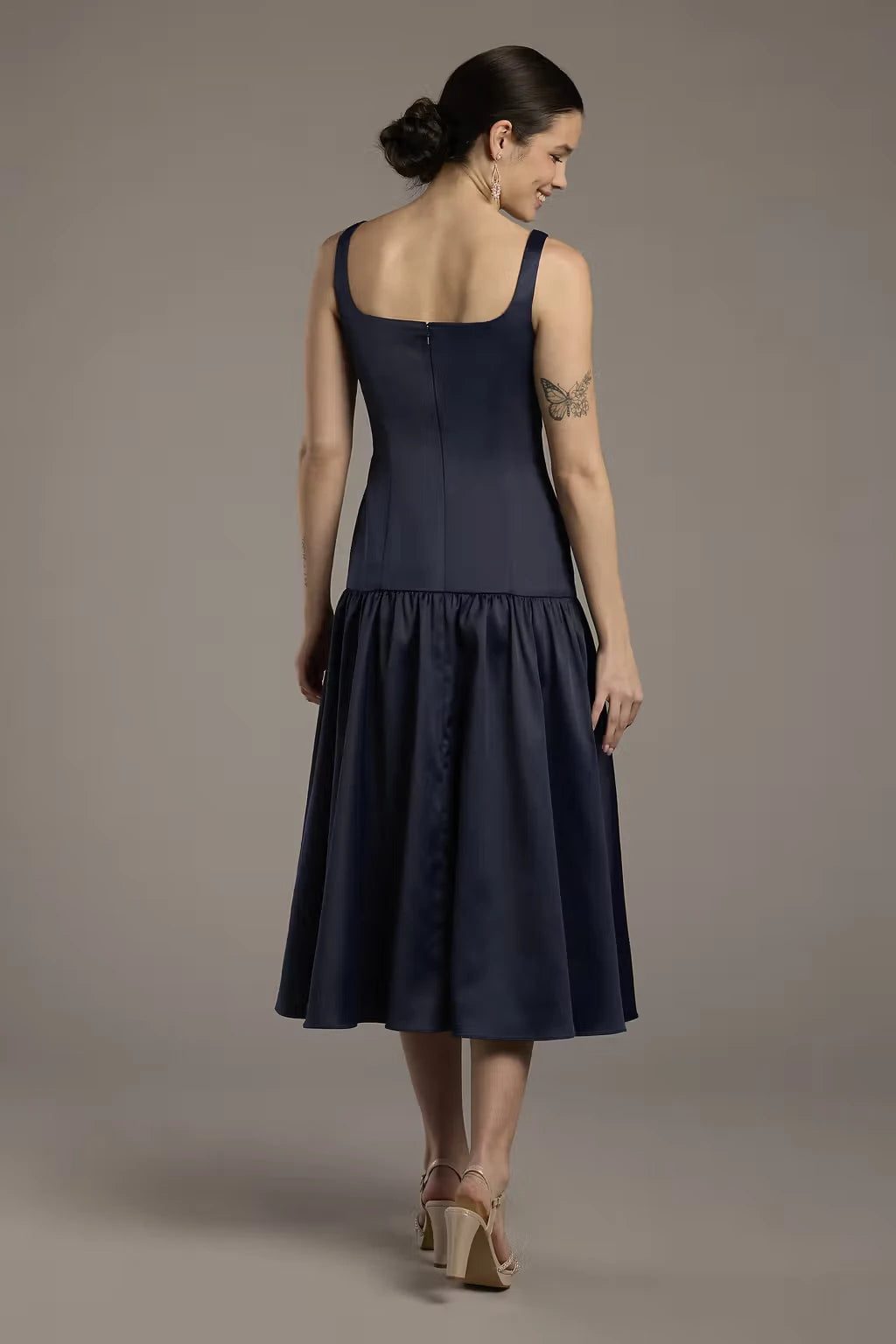 Chic Satin A-Line Square Neck Sleeveless Zipper Back Midi Mother of the Bride Dresses