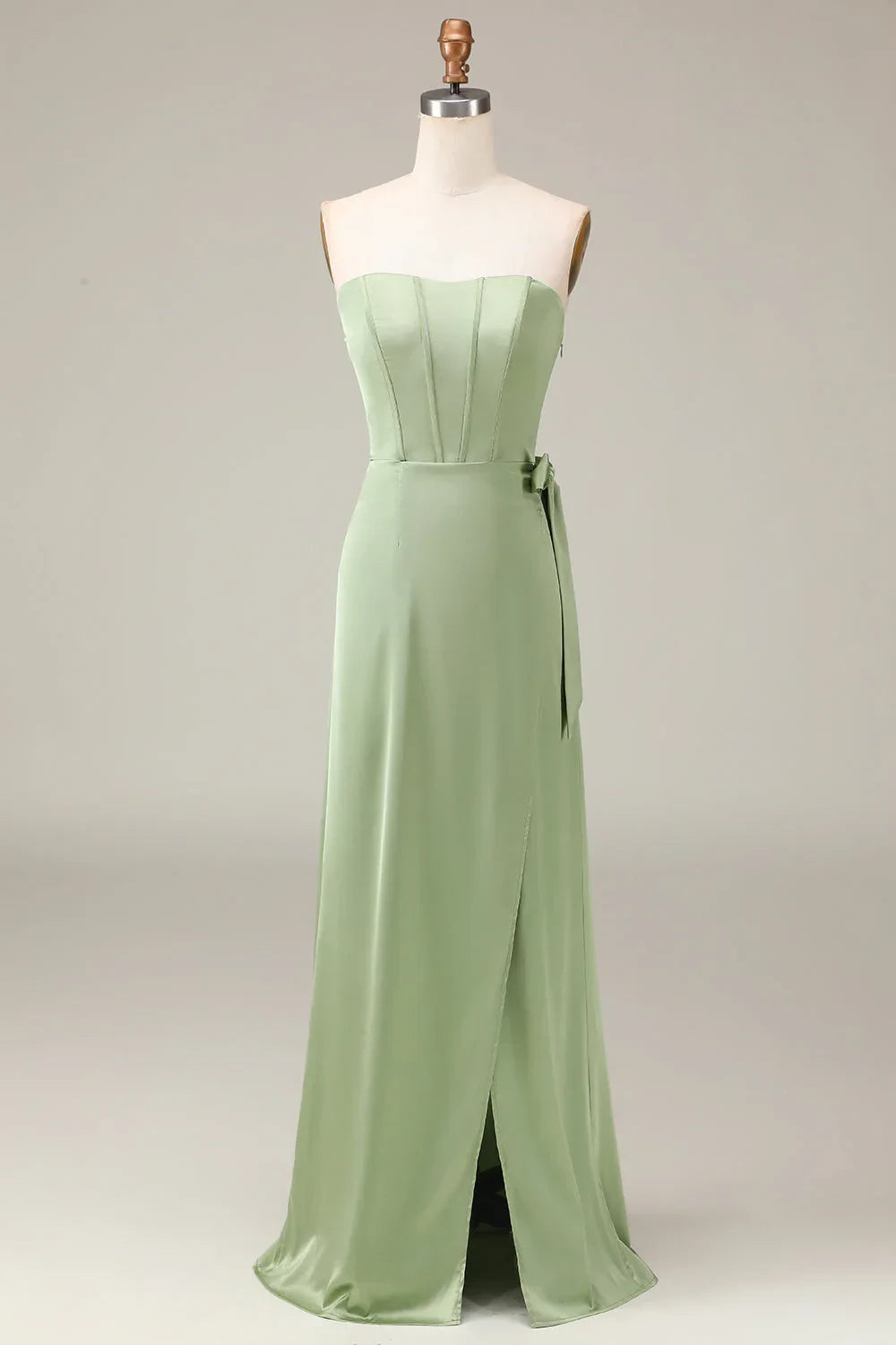 Chic Satin A-Line Strapless Sweetheart Sleeveless Zipper Back with Tie-Waist Floor-Length Bridesmaid Dresses