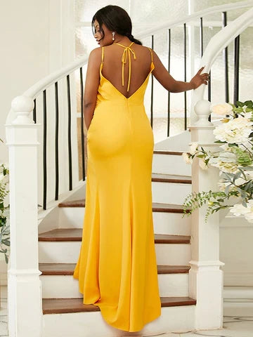 Chic Satin Mermaid Sweetheart Spaghetti Strap Open Back Tie Floor-Length Bridesmaid Dresses