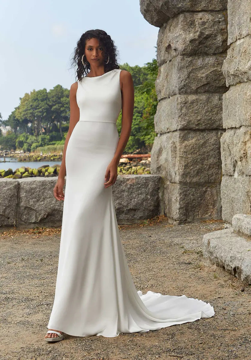 Chic Satin Sheath Boat Neck Sleeveless Low Back Floral Button Floor-Length Train Wedding Dresses