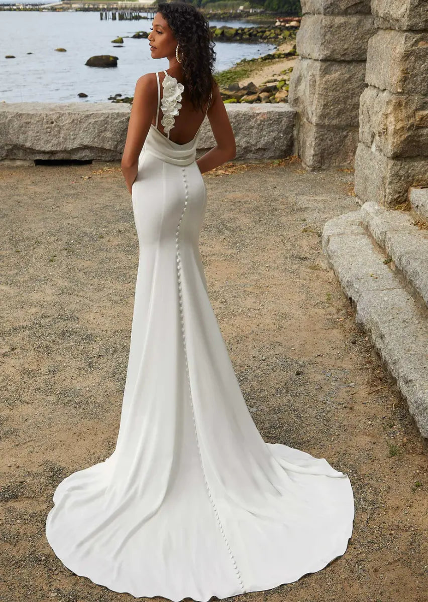 Chic Satin Sheath Boat Neck Sleeveless Low Back Floral Button Floor-Length Train Wedding Dresses