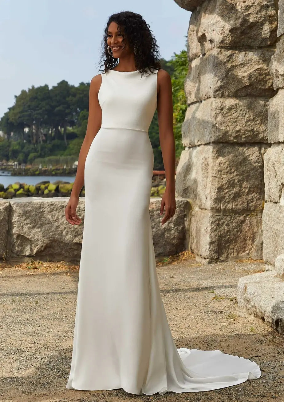 Chic Satin Sheath Boat Neck Sleeveless Low Back Floral Button Floor-Length Train Wedding Dresses