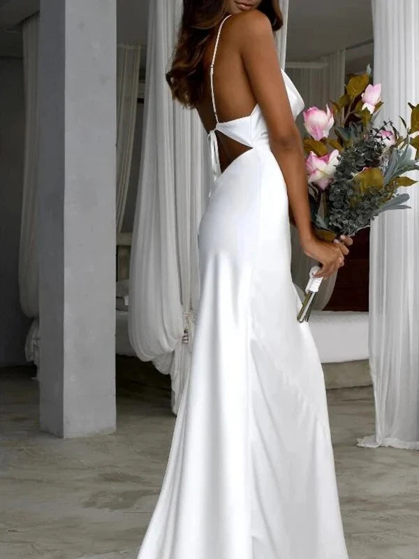 Chic Satin Sheath Cowl Neck Sleeveless Open Back Floor-Length Wedding Dresses