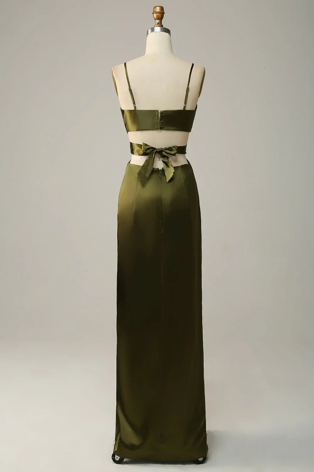 Chic Satin Sheath Deep V-Neck Spaghetti Strap Open Back Tie Floor-Length Bridesmaid Dresses