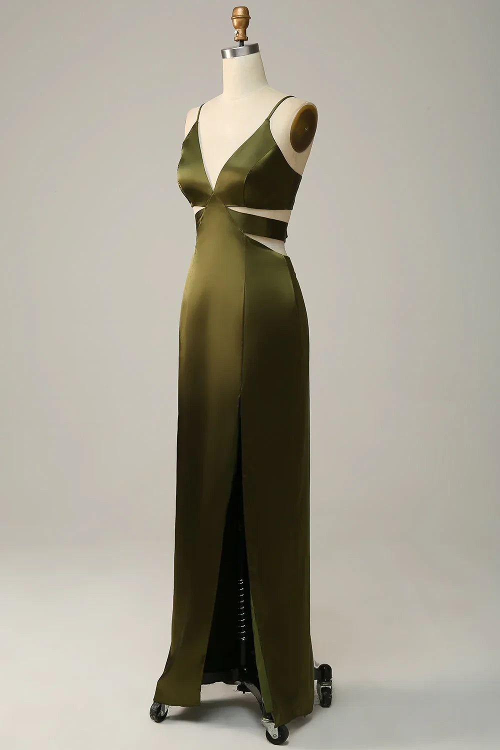 Chic Satin Sheath Deep V-Neck Spaghetti Strap Open Back Tie Floor-Length Bridesmaid Dresses