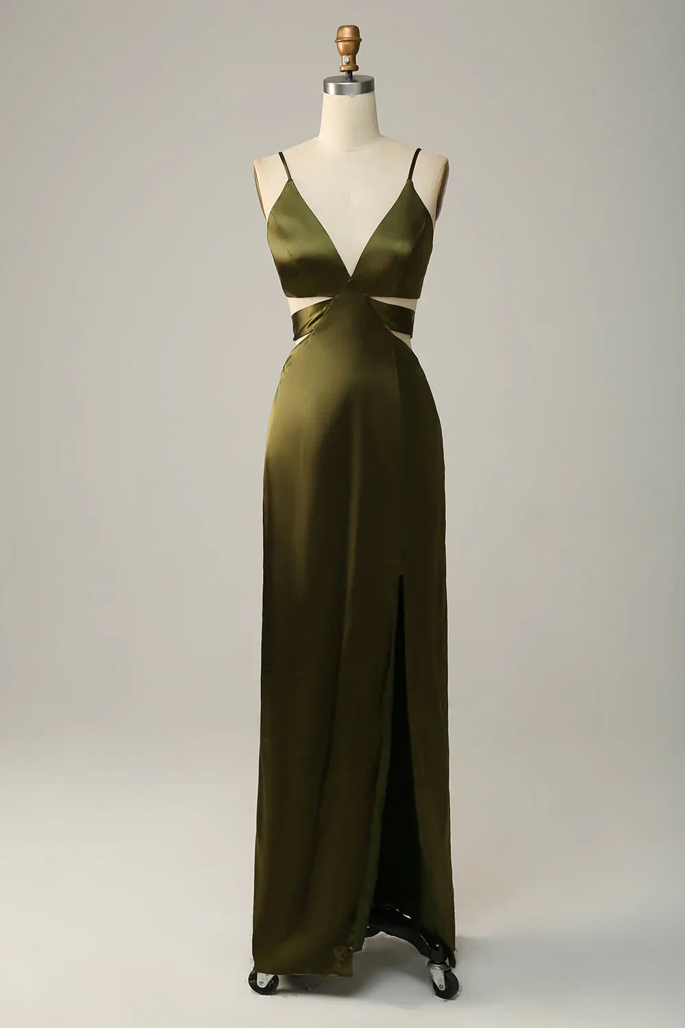 Chic Satin Sheath Deep V-Neck Spaghetti Strap Open Back Tie Floor-Length Bridesmaid Dresses