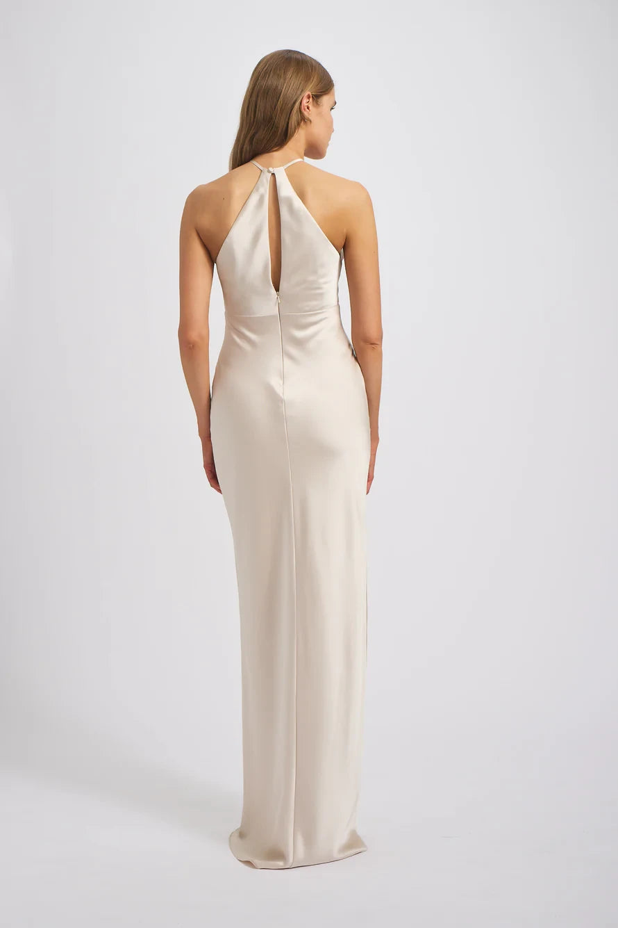 Chic Satin Sheath Halter Neck Sleeveless Keyhole Back Floor-Length Bridesmaid Dresses