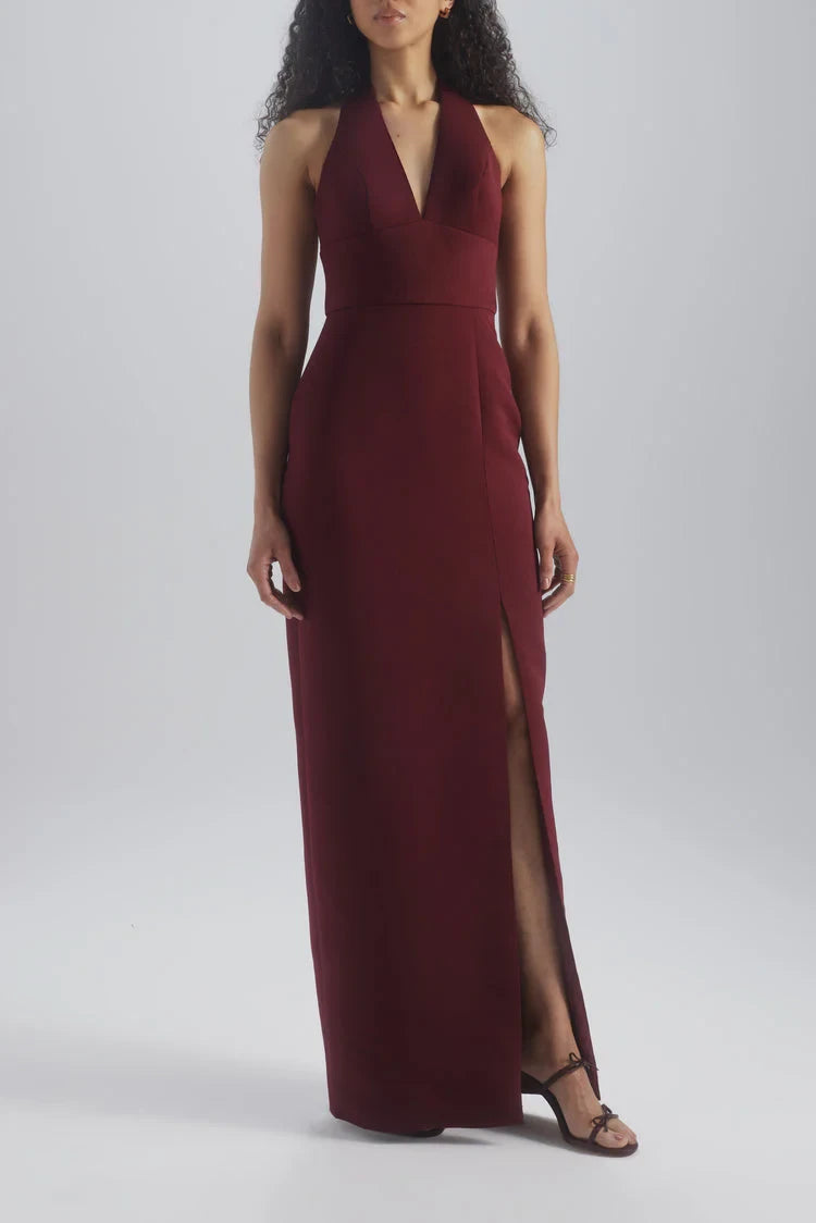 Chic Satin Sheath Halter V-Neck Sleeveless Open Back Floor-Length Bridesmaid Dresses