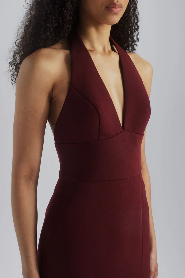 Chic Satin Sheath Halter V-Neck Sleeveless Open Back Floor-Length Bridesmaid Dresses