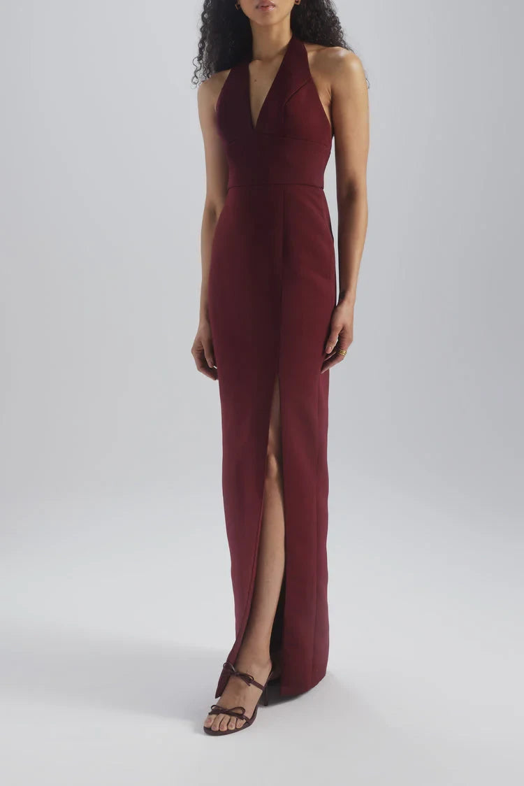 Chic Satin Sheath Halter V-Neck Sleeveless Open Back Floor-Length Bridesmaid Dresses