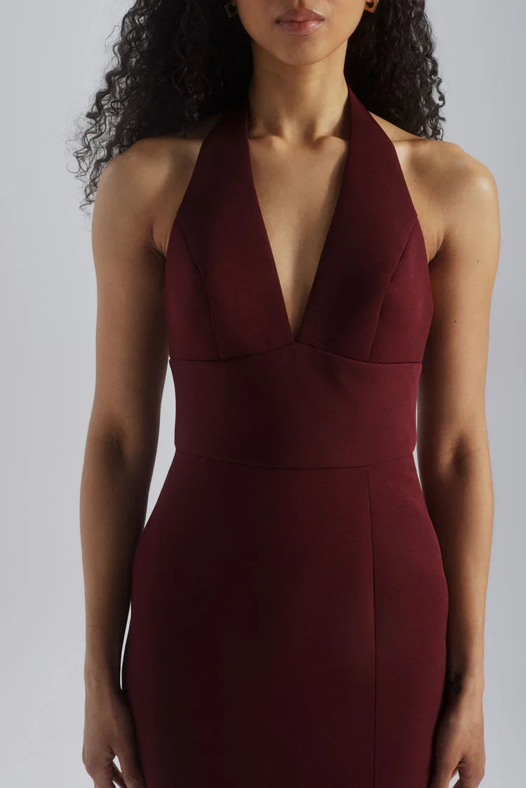 Chic Satin Sheath Halter V-Neck Sleeveless Open Back Floor-Length Bridesmaid Dresses