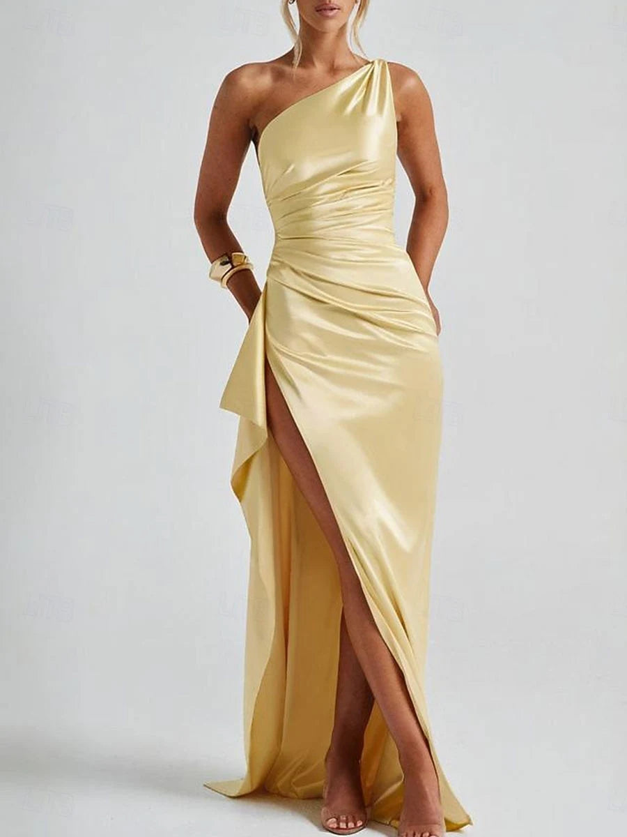 Chic Satin Sheath High Slit One Shoulder Open Back Floor-Length Prom Dresses