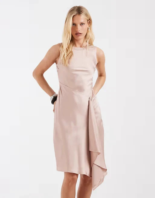 Chic Satin Sheath Round Neck Sleeveless High Back Midi Draped Homecoming Dresses