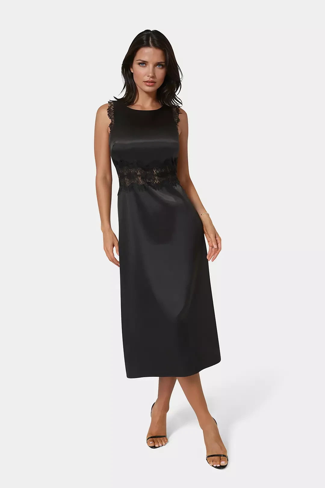 Chic Satin Sheath Round Neck Sleeveless Lace Cutout Back Midi Mother of the Bride Dresses