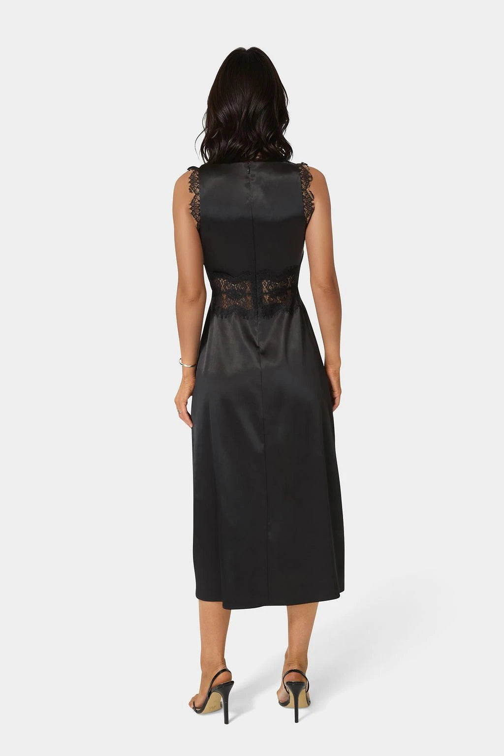 Chic Satin Sheath Round Neck Sleeveless Lace Cutout Back Midi Mother of the Bride Dresses