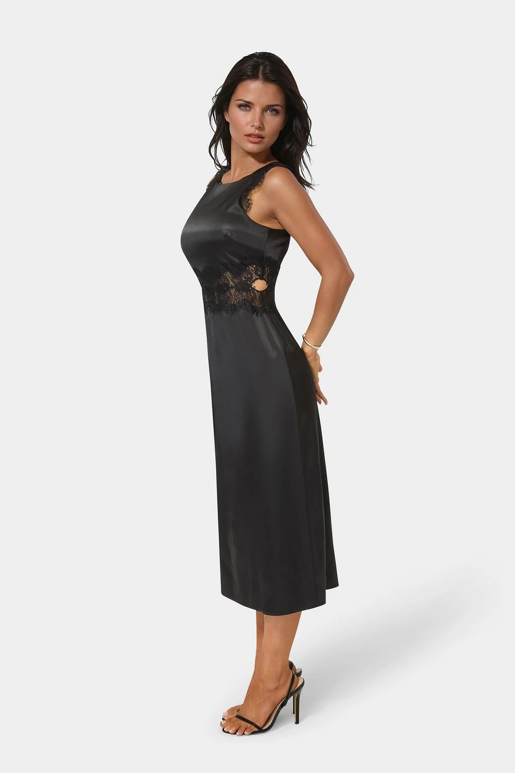 Chic Satin Sheath Round Neck Sleeveless Lace Cutout Back Midi Mother of the Bride Dresses