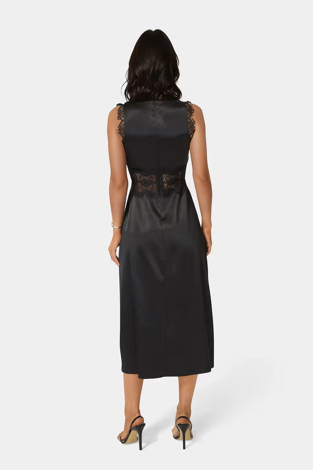 Chic Satin Sheath Round Neck Sleeveless Lace Cutout Back Midi Mother of the Bride Dresses