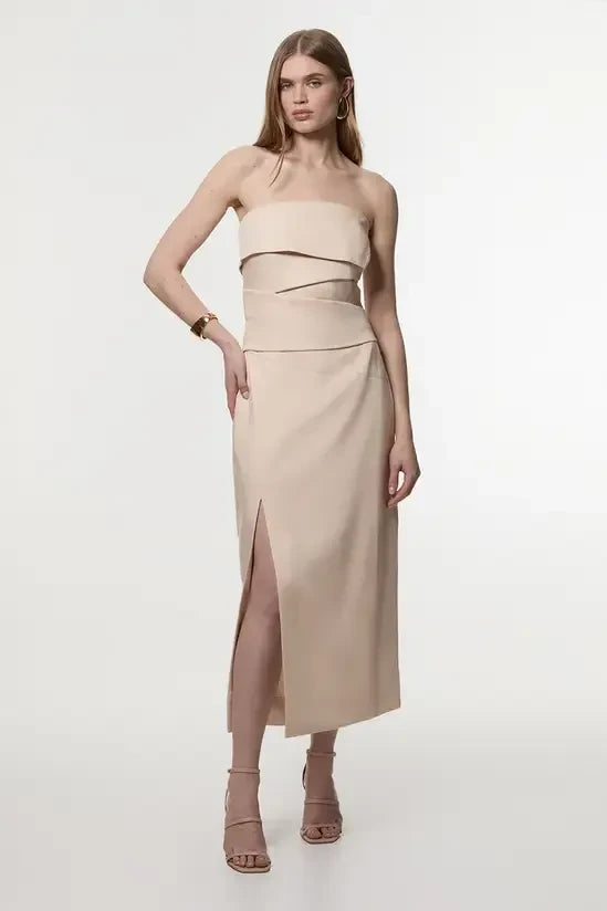 Chic Satin Sheath Strapless Sleeveless Straight Back Midi Slit Evening Dresses