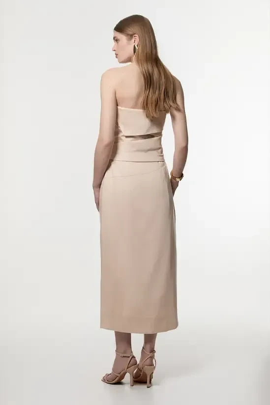 Chic Satin Sheath Strapless Sleeveless Straight Back Midi Slit Evening Dresses