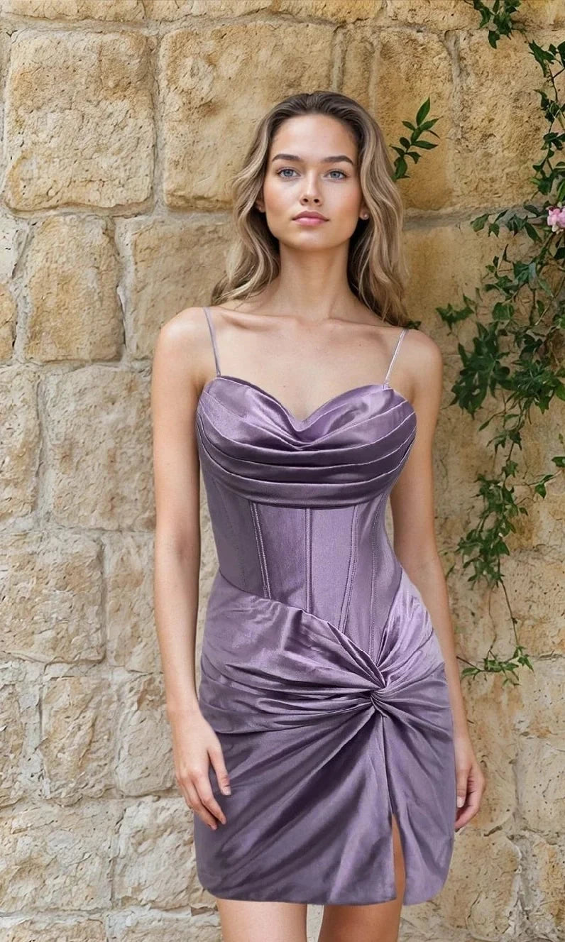 Chic Satin Sheath Sweetheart Cowl Neck Spaghetti Straps Lace-Up Back Short Homecoming Dresses