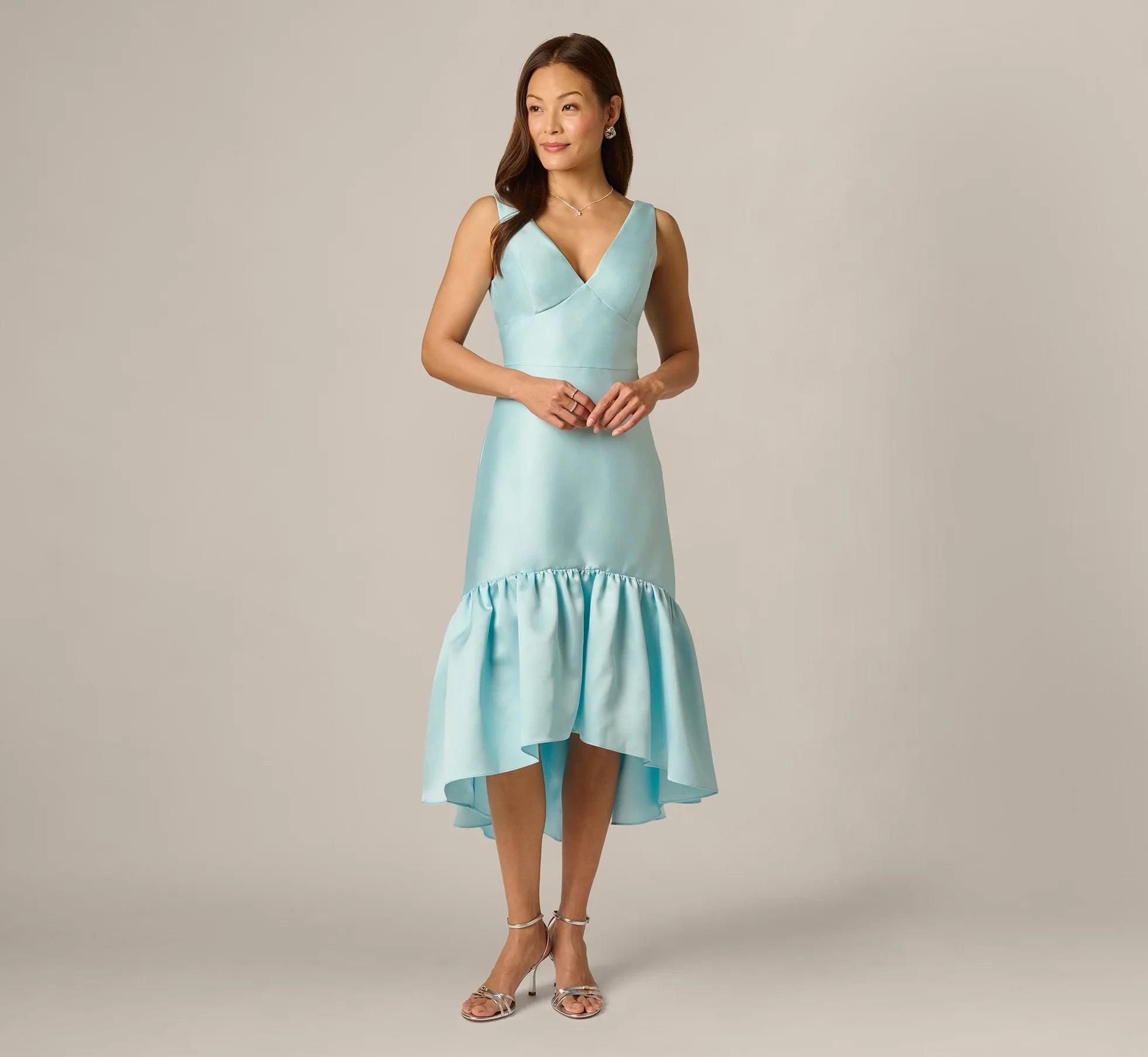 Chic Satin Sheath V-Neck Sleeveless Bow Back High-Low Mother of the Bride Dresses