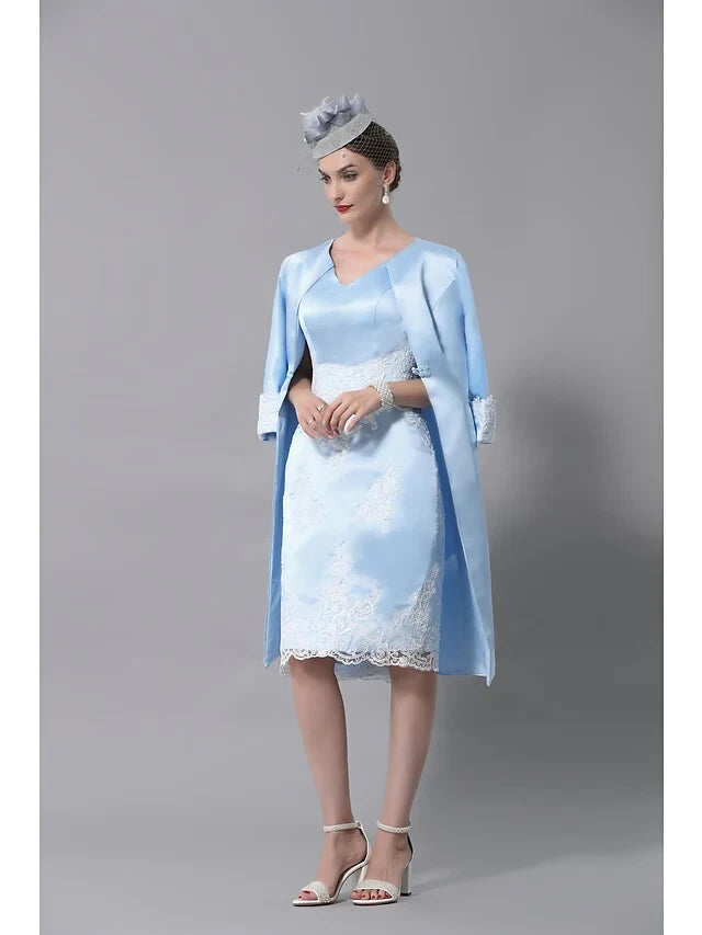 Chic Satin Two Piece Sheath V-neck Sleeveless Knee-Length Mother of the Bride Dress with 3/4 Sleeve Jacket